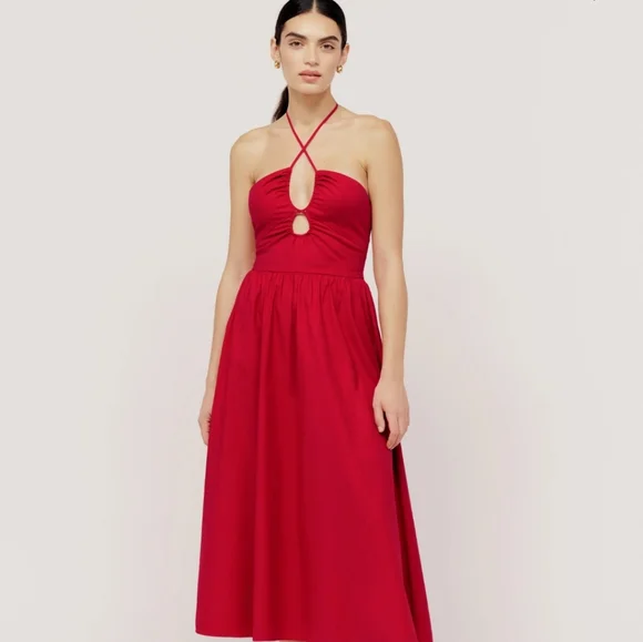 Reformation Stassie Sleeveless Halter Tie Midi Dress in Cherry Red - Picture 1 of 16